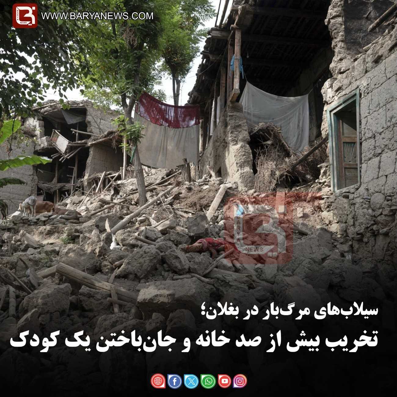 سیلاب‌های مرگ‌بار در بغلان؛  تخریب بیش از صد خانه و جان‌باختن یک کودک