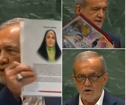 تهران: پزشکیان ملګرو ملتونو ته د ایران د جګړې د وژل شویو کسانو انځورونه وښودل